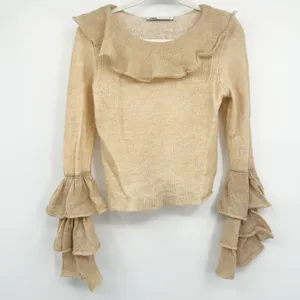 Zara Womens Beige‎ Ruffle Bell Sleeve Romantic Wool Alpaca Blend Knit Sweater L thumbnail 2
