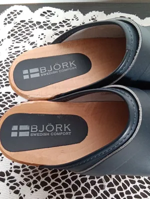 BJÖRK Blue Leather Clogs with Natural Wood Sole Swedish Comfort Womens 39 thumbnail 3