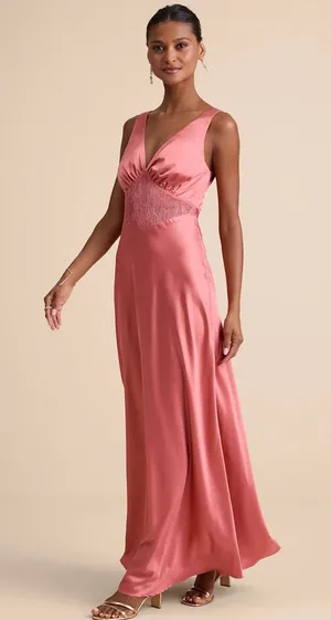 Lulu's Satin Maxi Dress in Rose Pink with Lace Waist thumbnail 1