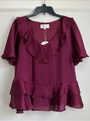 in february Burgundy Crinkled Ruffle V-Neck Flutter Sleeve Tiered Peplum Blouse thumbnail 4