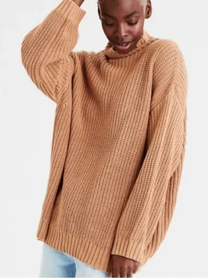 American Eagle Outfitters Camel Tan Mock Neck Slouchy Knit Oversized Sweater XS thumbnail 1