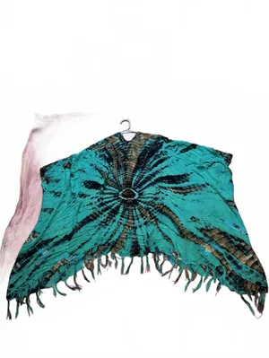 Boho Teal Turquoise Tie Dye Asymmetrical Fringe Kimono Poncho Wrap Cover Up thumbnail 3