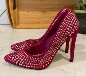 Betsey Johnson Faalyn Fuschia Studded Pointed Toe heels rocker size 6.5 quirky thumbnail 1