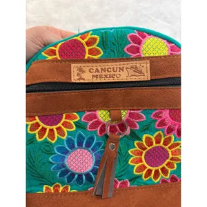 Cancun Mexico Floral Embroidered Mini Backpack Teal Brown Boho Artisan Bag‎ thumbnail 5