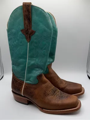 J.B. Dillon Womens 7.5B Turquoise Brown Leather Western Cowboy Boots USA thumbnail 1