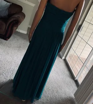 Dessy collection by Vivian Diamond Strapless Teal Chiffon Evening Dress thumbnail 5