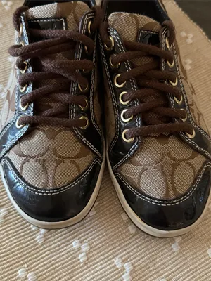 Coach Signature C Jacquard Patent Leather Low Top Sneakers Brown Khaki Size 7 thumbnail 3