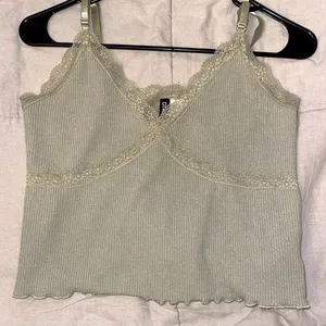 H&M Lace Trimmed Ribbed Top in Light Khaki Green thumbnail 1
