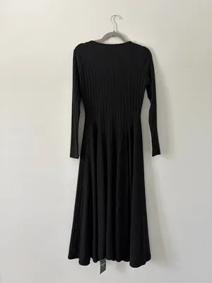 Halara V Neck Ribbed Long Sleeve Flare Midi Casual Pockets Dress Black M NWT thumbnail 6