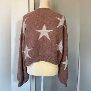 Altar’d State Woman’s Rose Pink White Star Super Soft & Cozy Cropped Sweater S thumbnail 7