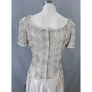 Vintage Stenay Beaded Silk Gown Ivory Geometric Seed Pearl Bodice Formal‎ Maxi 8 thumbnail 9