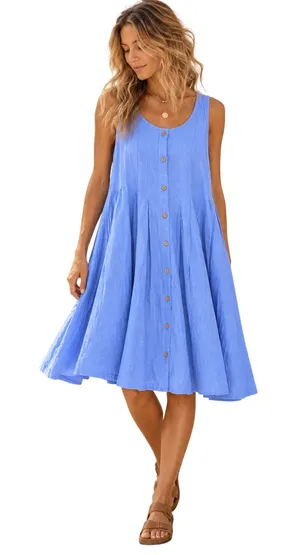 Free-Est Blue 100% Linen Sleeveless Button Front Dress Large thumbnail 1