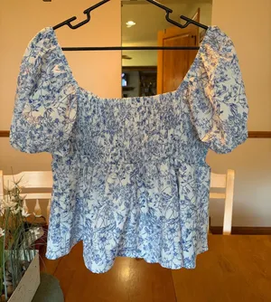 Blue & White Floral Smocked Peplum Puff Sleeve Blouse | Cottagecore | Women’s thumbnail 1