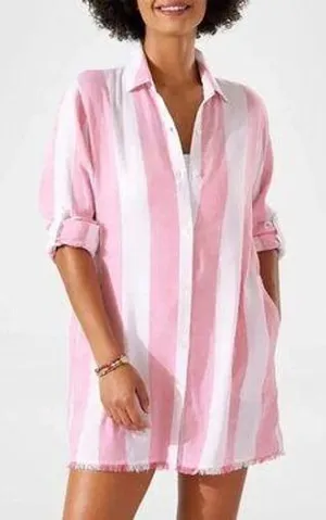 Tommy Bahama Rugby Beach Stripe Boyfriend Shirt Swim Coverup Coral Coast Small thumbnail 1
