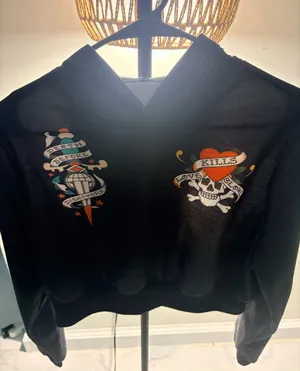 Black Hoodie with Colorful Tattoo-Style Graphics thumbnail 1