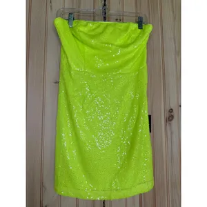 NWT Lulus Unstoppable Glow Neon Yellow Sequin Strapless Mini Dress Glam Bling M thumbnail 2