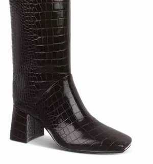 On 34th Millerr Square-Toe Knee High Boots Croc-Embossed in Mahogany Size 7, NEW thumbnail 1