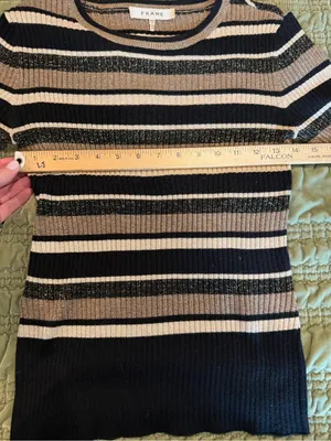 FRAME Metallic Stripe Ribbed Sweater XS Gold Multi Black Wool Blend Crewneck Y2K thumbnail 7
