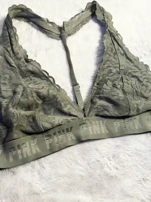 VS PINK Olive Green Lace T-Back Bralette Size Medium Wireless Comfort Bra thumbnail 2