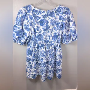 Abercrombie & Fitch NWT Cinch-Front Blue Floral Puffy Sleeve Mini‎ Dress Medium thumbnail 3