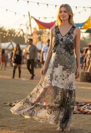 Coconut‎ Moon Boho Beaded Paisley Maxi Dress Festival Viscose Multi Color Large thumbnail 1