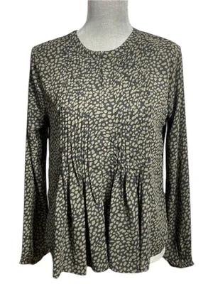 Ann Taylor Green & Black Printed Long Sleeve Blouse Size S Pleated Front thumbnail 2