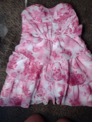 New Floral Pink Chiffon Strapless Tiered A Line Mini Prom Homecoming Formal Gown thumbnail 6