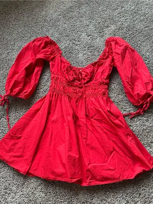 Red Peasant-Style Puff Sleeve Dress thumbnail 2