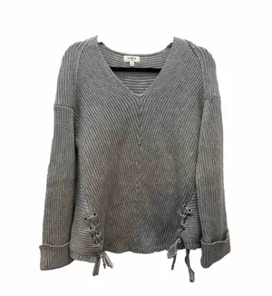 UMGEE Sweater Gray ‘All Laced Up’ Oversized Ribbed Tie Sides V-neck Large Boho thumbnail 1