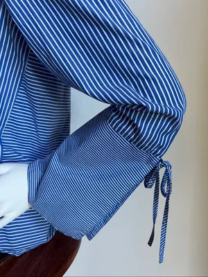 LOFT Blue & White Vertical Stripe Button-Down Shirt trumpet sleeve thumbnail 3
