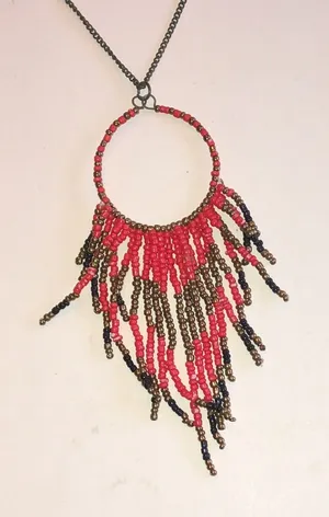 Beaded Boho Fringe Hoop Necklace - Red and Bronze thumbnail 1