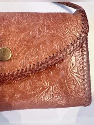 Hand-Tooled Leather Crossbody Purse Hand Made Floral Embossed Stitched Cognac thumbnail 5