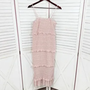 Mabel Daphne Ditsy Flower Ruffe Trim Smocked Midi Long Tube Dress Pink‎ Large thumbnail 10
