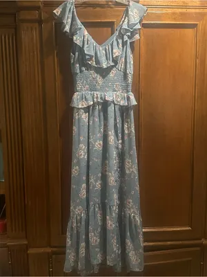 NWOT Floret Studios sz Small Blue Floral Ruffle Maxi Dress with Smocked Waist thumbnail 5