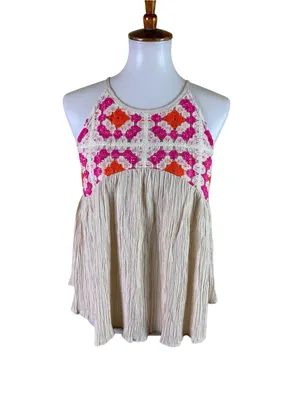 THML S Cream Crochet Floral Yoke Sleeveless Babydoll Boho Tunic Top thumbnail 2