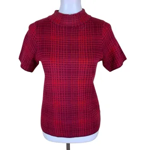 Field Flower‎ Red Textured Grid Knit Mock Neck Short Sleeve Top Womens Small thumbnail 2