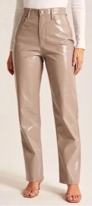 Abercrombie 90s Straight Ultra High Rise Taupe Patent Leather Pants thumbnail 1