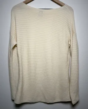 Vince Women 100% Cashmere Sweater M Off White Horizontal Ribbed Boat Neck thumbnail 1