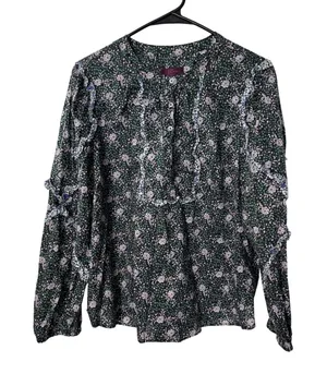 J.Crew Liberty Fabric Blouse Green Floral Ruffle Long Sleeve Cotton Top L thumbnail 1