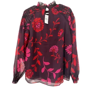 Ann Taylor Plum Red Floral Smocked Mock Neck Blouse Sheer Long‎ Sleeve NWT S thumbnail 2