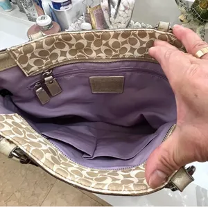 Coach Beige Signature Stripe Tote With Gold Trim thumbnail 3