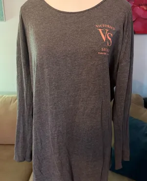 Victorias Secret PJ Shirt M Forever An Angel Gray Coral Glitter Long Sleeve thumbnail 1