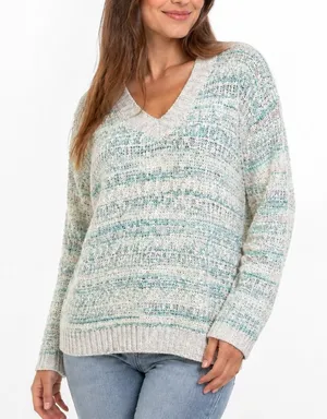 Aeropostale Womens Striped Knit Sweater Blue White Sz M V Neck Coastal Pullover Long Sleeve thumbnail 1