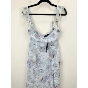 Lulus Delightful Direction Blue Floral Ruffled Tie-Strap Midi Dress Small NWT thumbnail 7