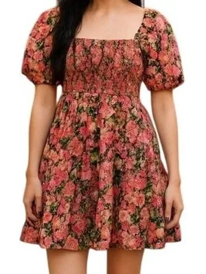 Very J Floral Smocked Mini Dress Pink Orange Square‎ Neck Puff Sleeve Small NEW thumbnail 1