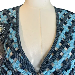 NAPA VALLEY Denim Vest SZ 1X Mixed Media Patches Open Weave Embroidery Western thumbnail 3