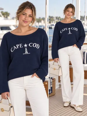 Wild Fable Cape Cod Knit Sweater Navy Blue Lighthouse Graphic Oversized XL NWT thumbnail 2