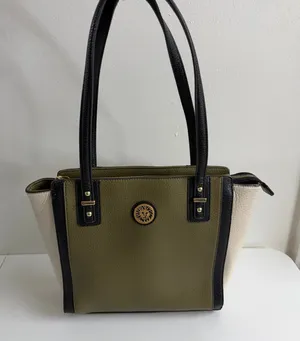 Anne Klein olive green cream colorblock faux leather lined zip shoulder purse thumbnail 1