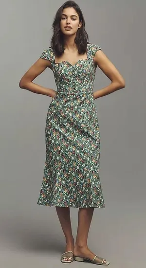 NWT Maeve Anthropologie Cecily Midi Dress‎ XS Green Pomegranate Floral Fruit thumbnail 1