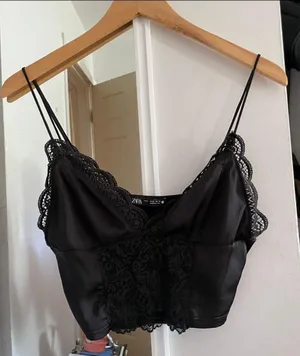 ZARA Black Combined Satin Lace Trim Cropped Bralette Top thumbnail 5
